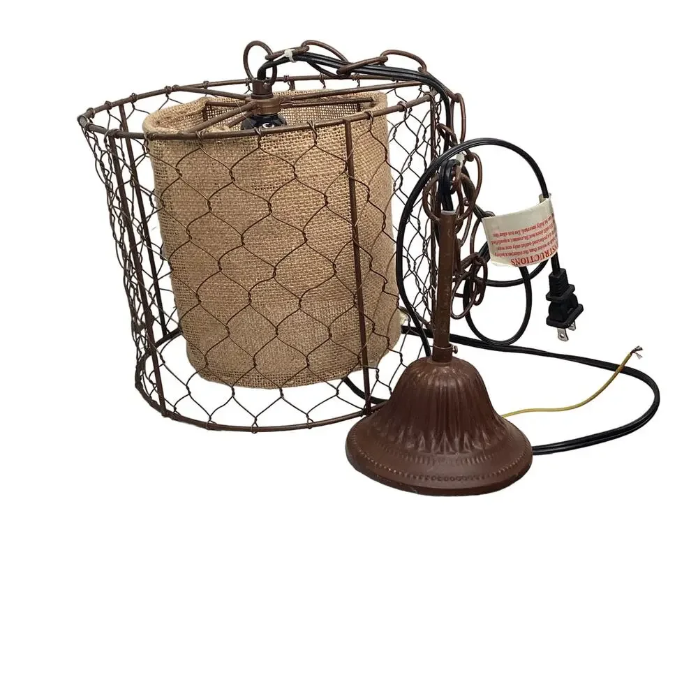 Farmhouse Pendant Light Lamp Rustic Chicken Wire Shade with Burlap Center Brown
